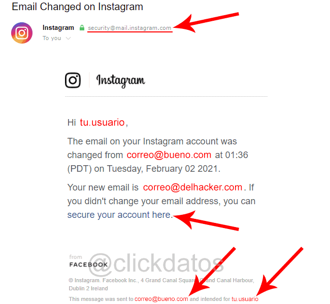Email cambio de correo Instagram